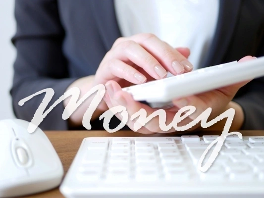 電卓を操作する女性（手元）、手前に「Money」