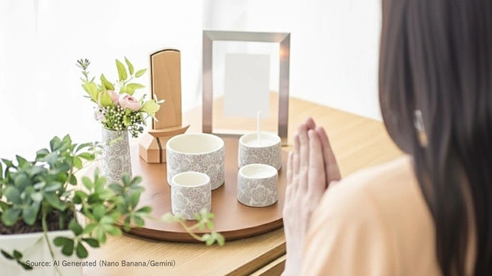 手元供養セットと供養する女性の後ろ姿