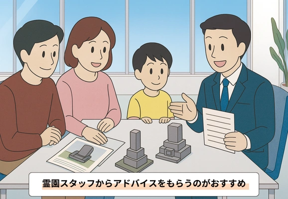 霊園スタッフに樹木葬のプレートのデザインについて相談する様子