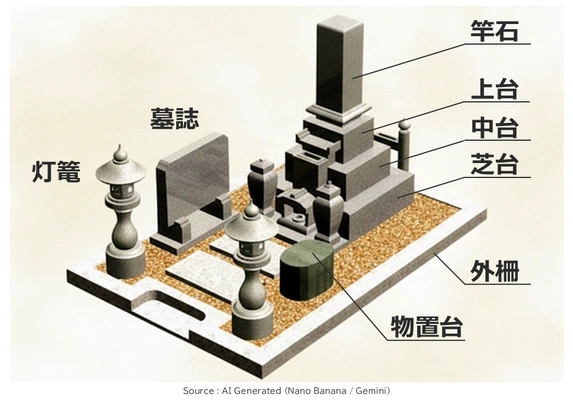 和型墓石の区画全体図（各部位の名称）